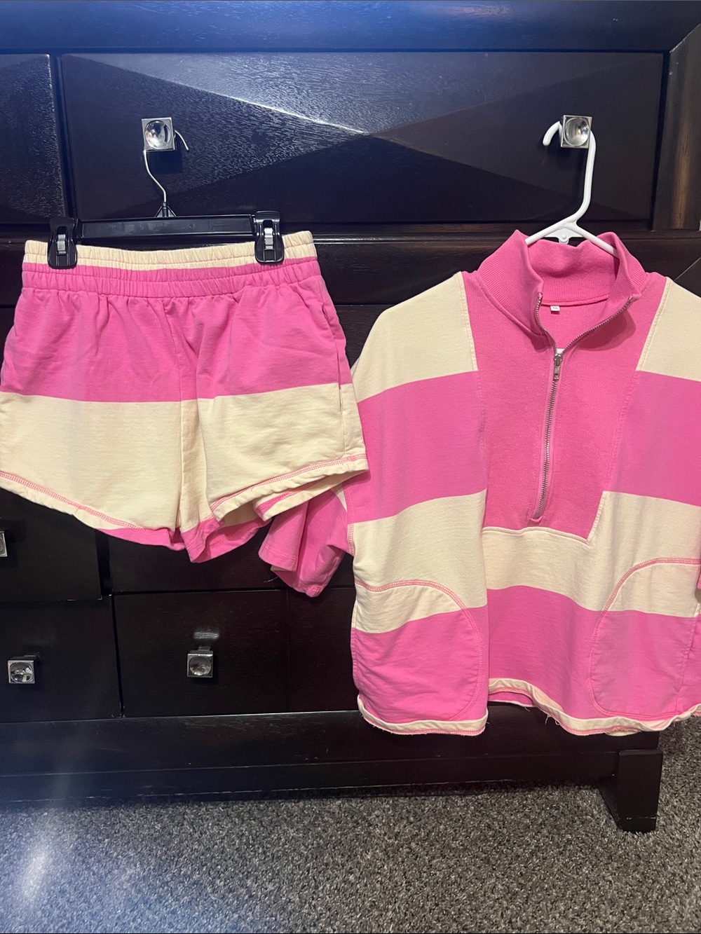 Amazon Pink and Cream Striped Half-Zip Pullover with Matching Shorts